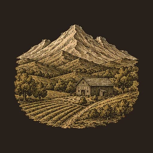 Engraving of an orchard and farmhouse below mountains