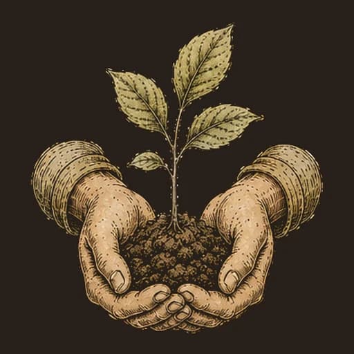 Engraving of two cupped hands holding a seedling in soil