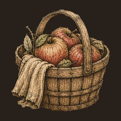 Engraving of a wooden basket of apples with a folded cloth