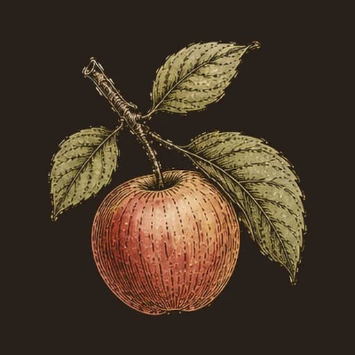 Engraving of an apple on the branch with two leaves